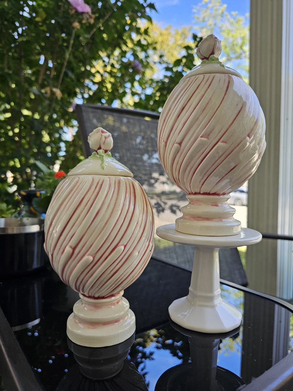 Vintage Ceramic Swirl Apothecary Jars with Rose Lids - Set of 2